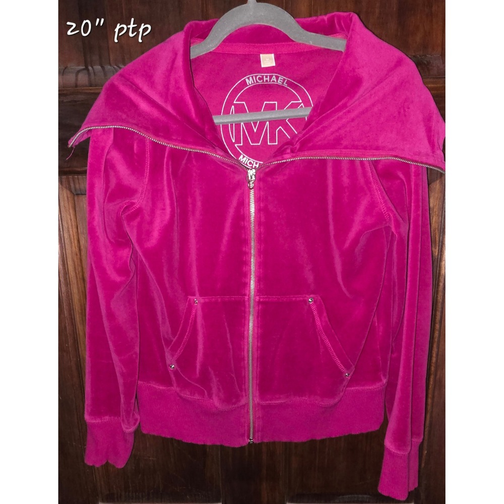 Michael Kors Magenta Pink Velour Zip Up Track Jacket Oversized Collar Size M